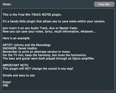 Final Mix Track Notes III